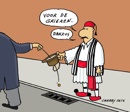 De Griekse schulden, een van de vele actuele thema’s die aan bod komen in Damiaens’ cartoons voor de Gazet van Antwerpen.